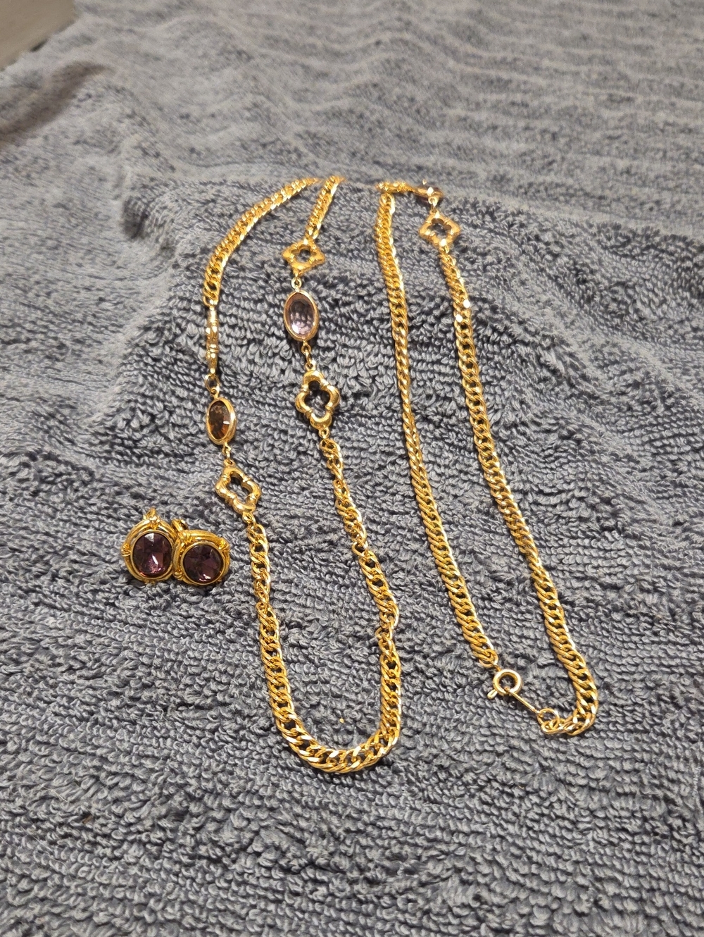 Avon Gold-Tone Purple Stone Necklace and Earrings Set